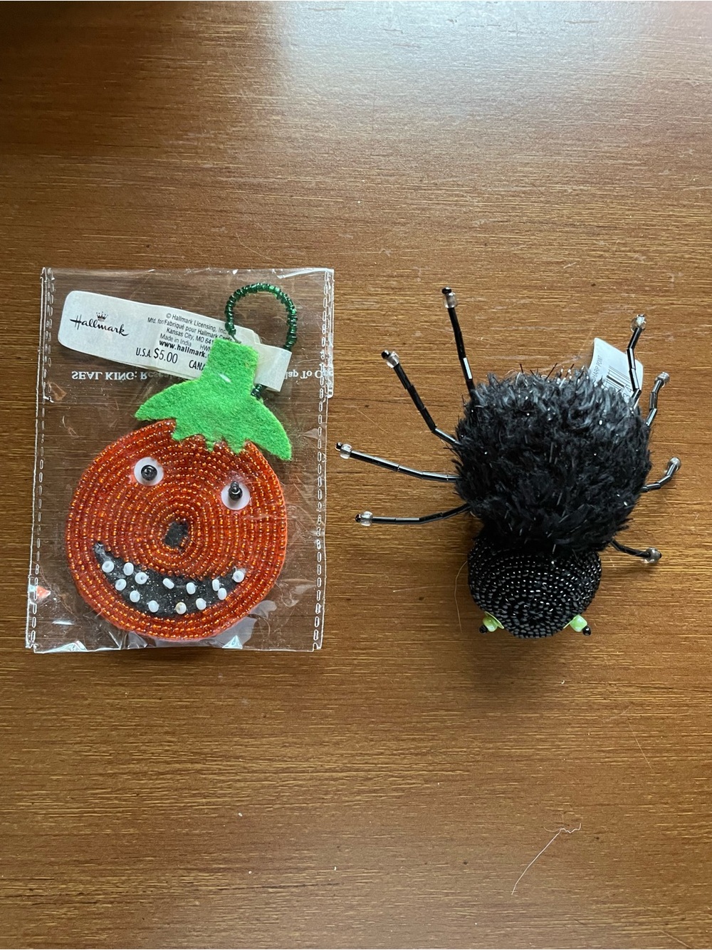 Lot of 2 Hallmark Beaded Jack o Lantern Halloween Decor and Fuzzy Spider Brooch